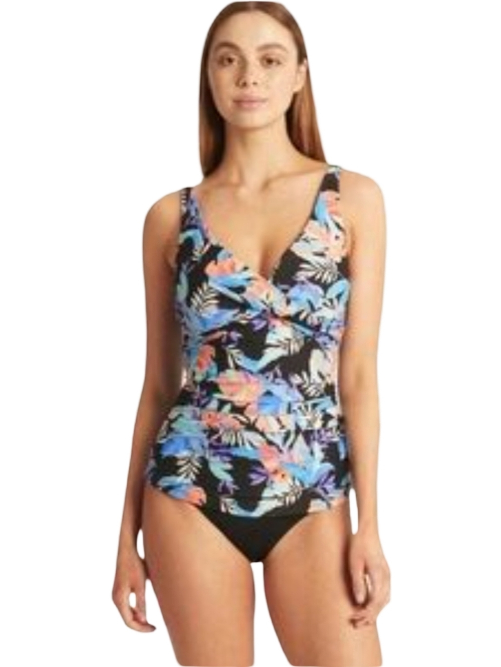 Sea Level Tankini Top - V-Neck Ruched Floral Swim Top - Black